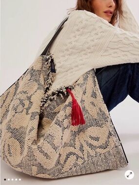 Free People Cream and Black Woven Tote with Red Tassel